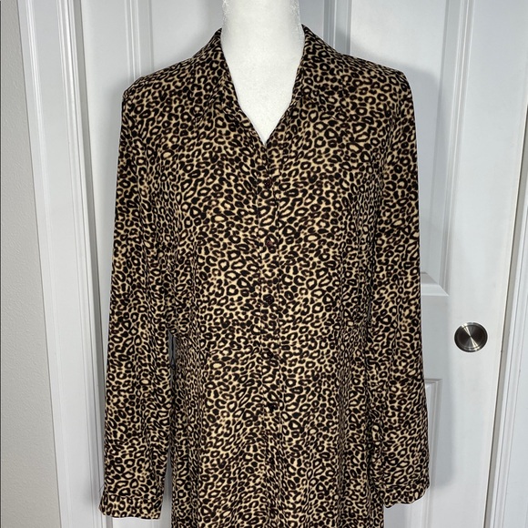 Spense Animal Print Shirt Midi Dress Size 14 Long Sleeve Brown Tan Button Up - Picture 3 of 14
